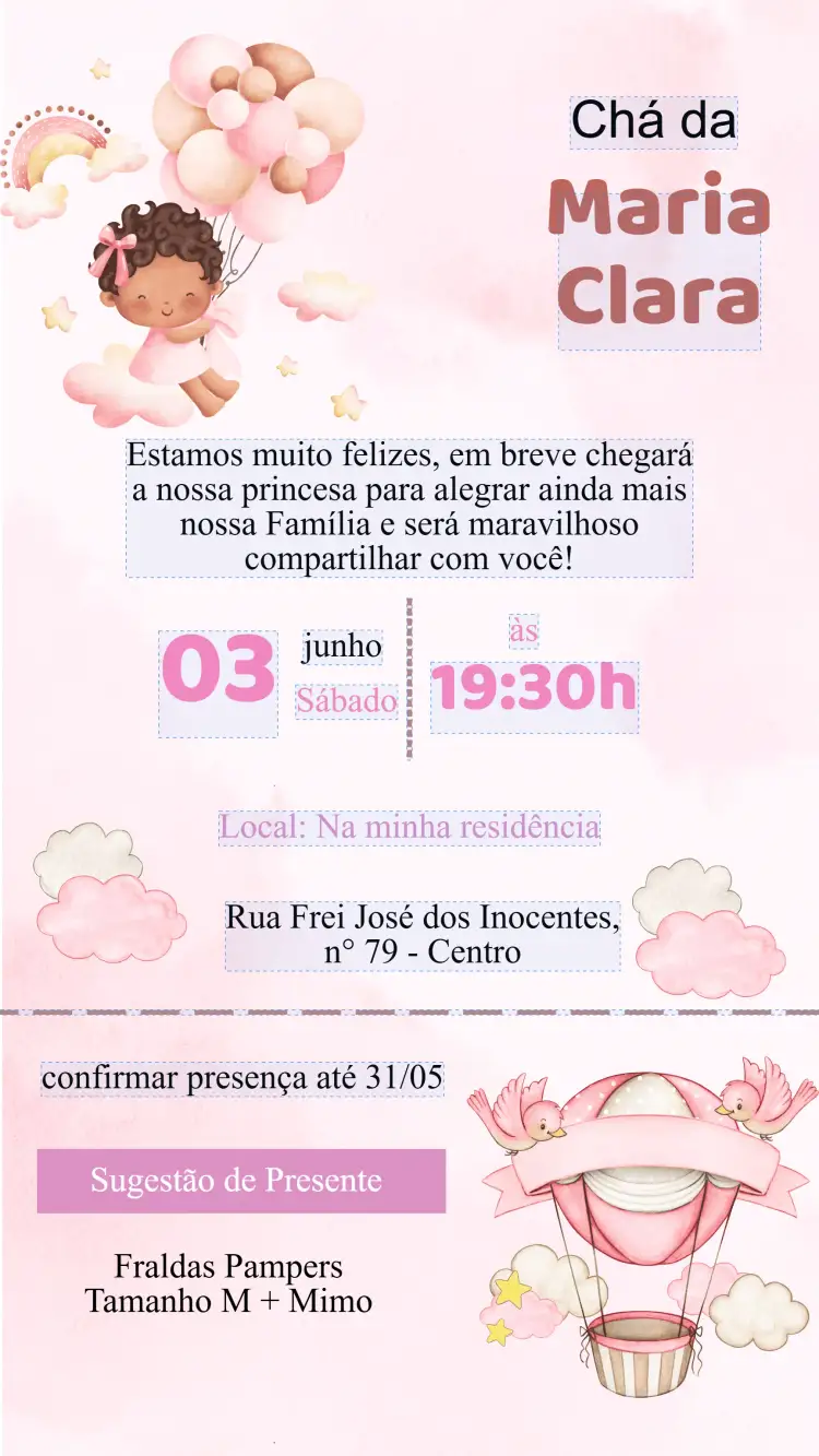 Convite Convite Chá Bebê – tema Chá de Fraldas floral, pastel, delicado, moderno, infantil, colorido