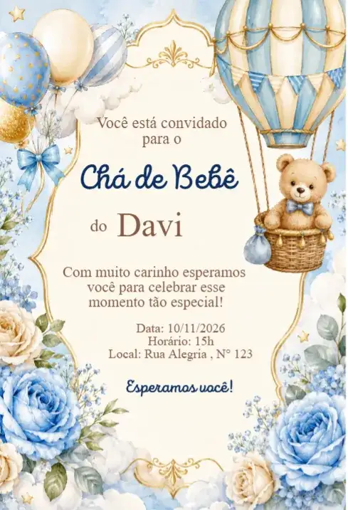 Convite Chá de Bebê Balão Azul com Ursinho e Flores Aquarela
