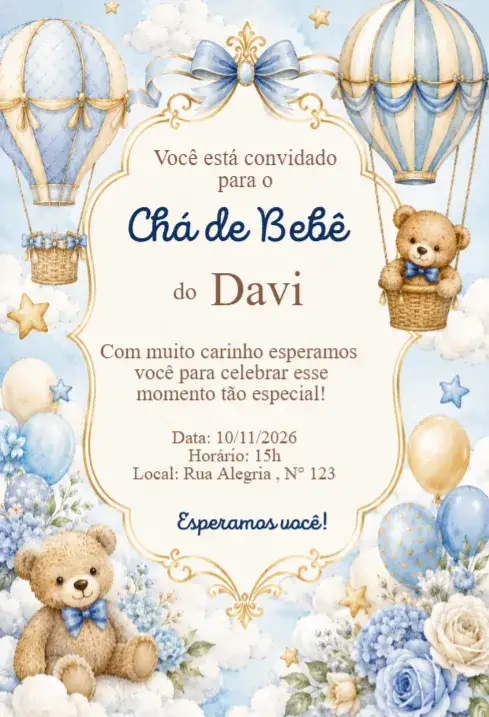 Invitación Convite Chá de Bebê Balão Azul com Ursinhos Aquarela – tema Chá de Fraldas aquarela, balões, ursinhos, delicado, azul, sonhador