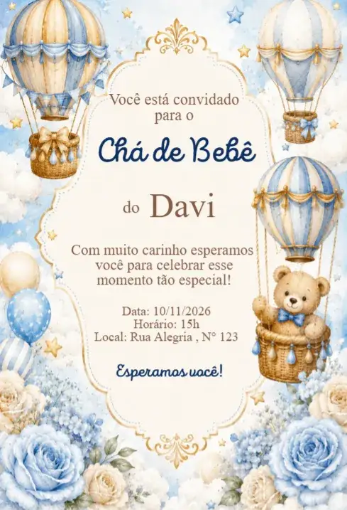Invitación Convite Chá de Bebê Balão com Ursinho Azul Elegante – tema Chá de Fraldas azul, delicado, lúdico, elegante, infantil