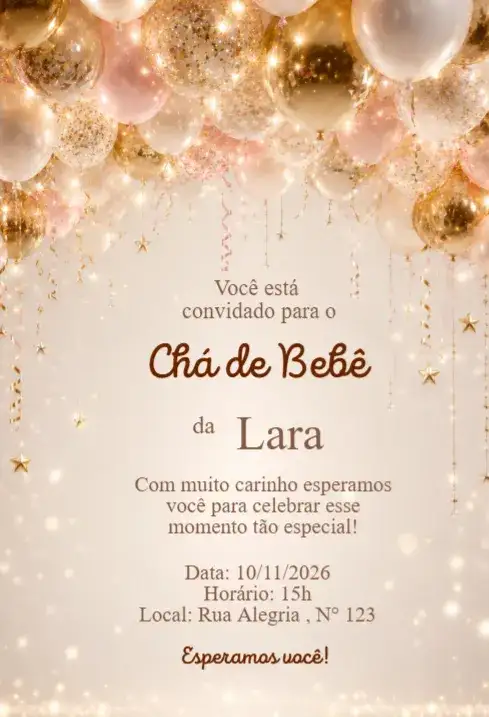 Convite Chá de Bebê Balões Dourado e Rosé Luxo