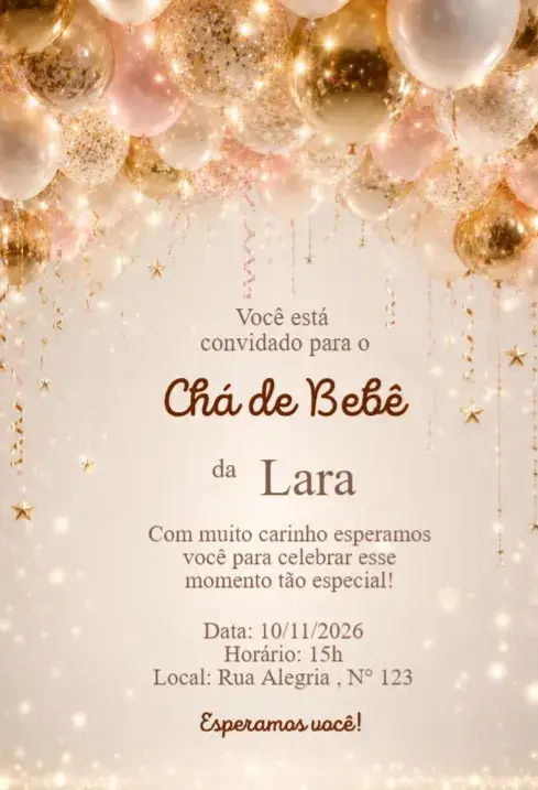 Invitación Convite Chá de Bebê Balões Dourado e Rosé Luxo – tema Chá de Fraldas luxo, elegante, dourado, rosé, moderno, festivo