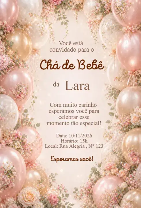 Invitación Convite Chá de Bebê Balões Florais Rosé Elegante – tema Chá de Fraldas floral, rosé, elegante, delicado, moderno, suave
