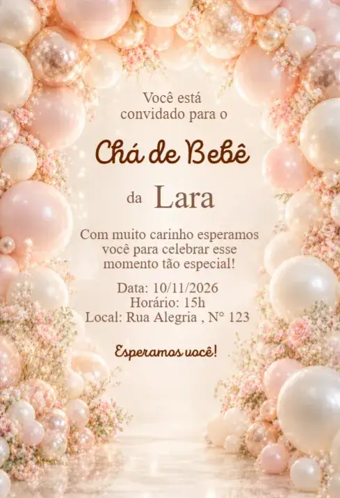 Invitación Convite Chá de Bebê Balões Rosé Delicado Elegante – tema Chá de Fraldas rosé, delicado, elegante, moderno, minimalista