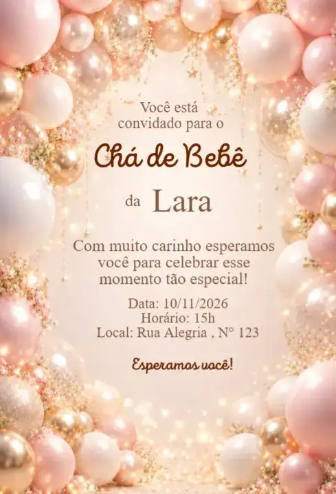 Convite Chá de Bebê Balões Rosé e Dourado Elegante