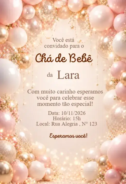 Invitación Convite Chá de Bebê Balões Rosé e Dourado Elegante – tema Chá de Fraldas rosé, dourado, elegante, delicado, moderno