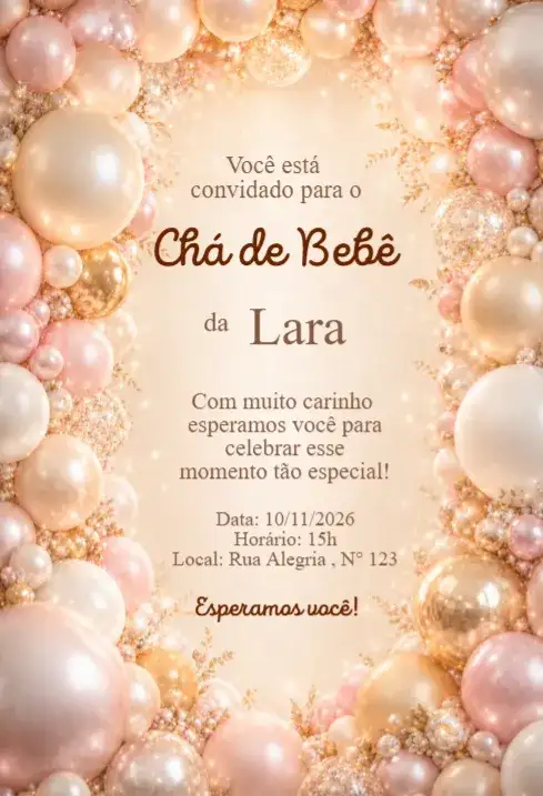 Convite Chá de Bebê Balões Rosé e Dourado Luxo Elegante