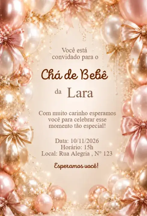 Invitación Convite Chá de Bebê Balões Rosé Gold com Laços Luxo – tema Chá de Fraldas rosé gold, balões, elegante, delicado, luxo, festivo