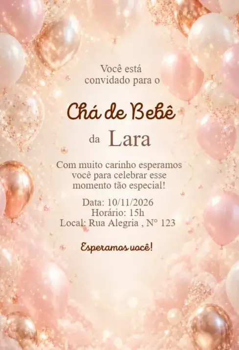Convite Chá de Bebê Balões Rosé Gold Elegante
