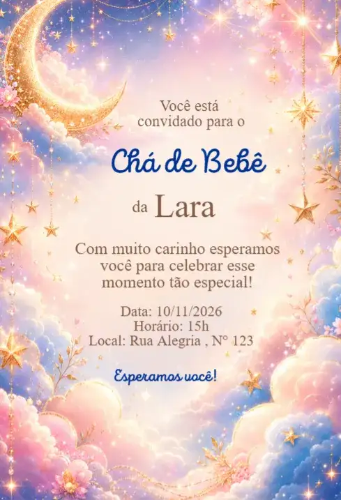 Convite Chá de Bebê Céu dos Sonhos Azul com Lua e Estrelas