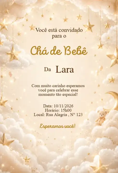 Convite Chá de Bebê Céu dos Sonhos com Estrelas Douradas