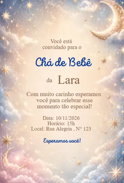 Convite Chá de Bebê Céu dos Sonhos com Lua Dourada