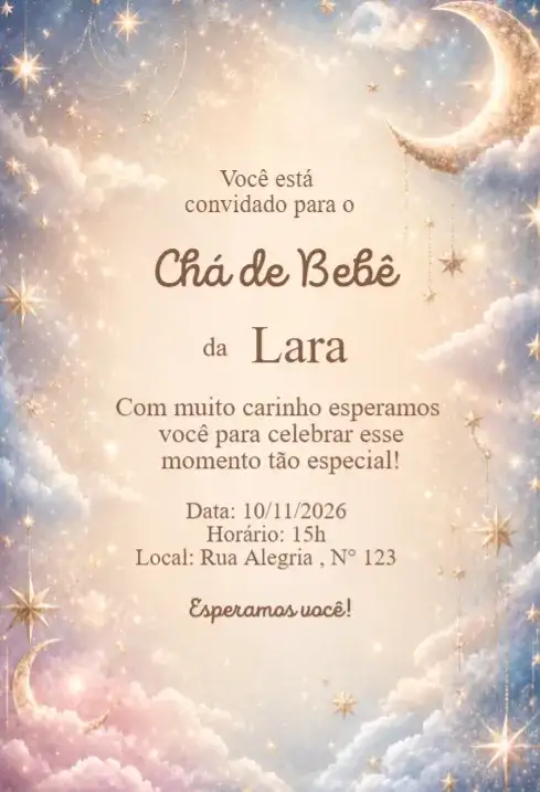 Convite Chá de Bebê Céu dos Sonhos com Lua Dourada