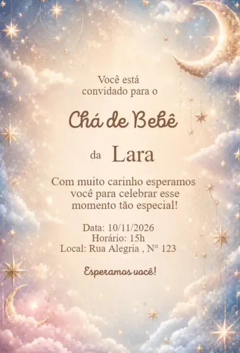 Invitación Convite Chá de Bebê Céu dos Sonhos com Lua Dourada – tema Chá de Fraldas céu, nuvens, dourado, sonhos, elegante, infantil