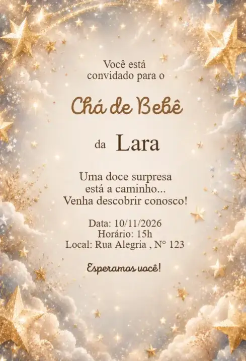 Convite Chá de Bebê Céu Estrelado com Nuvens Douradas