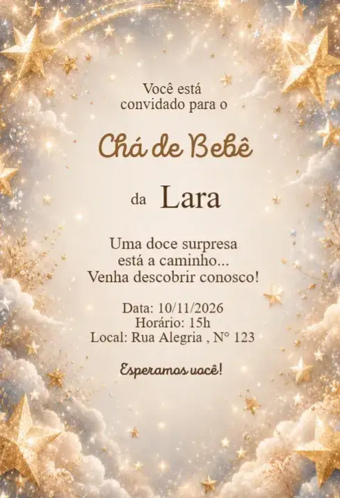 Invitación Convite Chá de Bebê Céu Estrelado com Nuvens Douradas – tema Chá de Fraldas dourado, sonhador, delicado, moderno, elegante, suave