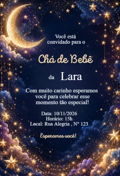 Convite Chá de Bebê Céu Noturno com Lua e Estrelas