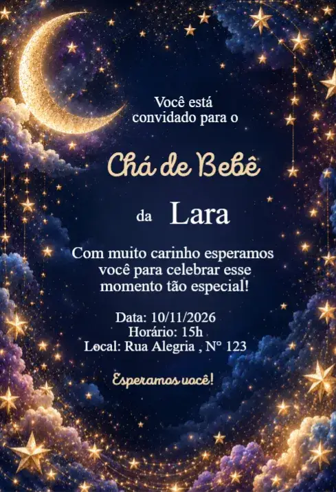 Invitación Convite Chá de Bebê Céu Noturno com Lua e Estrelas – tema Chá de Fraldas céu noturno, estrelas, lua, elegante, delicado, sonhador