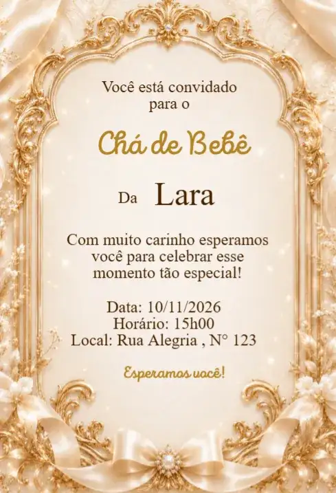 Convite Chá de Bebê Clássico Dourado Elegante