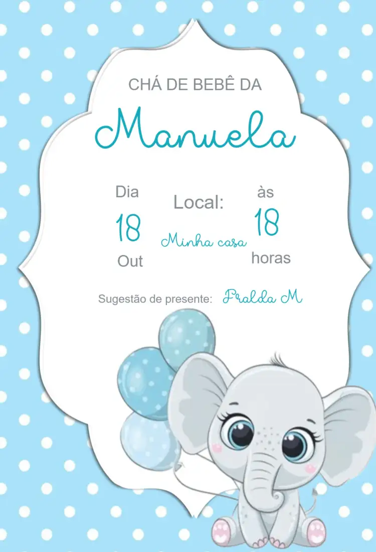 Convite Convite Chá de Bebê Elefante – tema Chá de Fraldas colorido, fofo, animais, minimalista, infantil, alegre