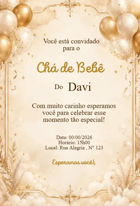 Convite Chá de Bebê Elegante com Balões Dourados