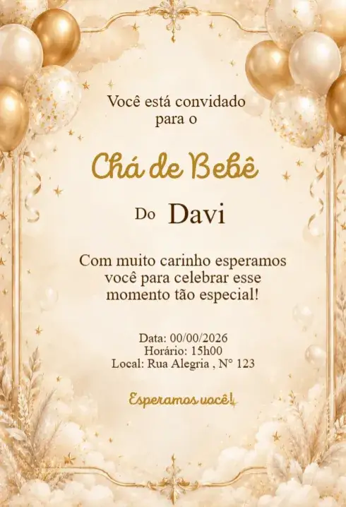 Invitación Convite Chá de Bebê Elegante com Balões Dourados – tema Chá de Fraldas dourado, elegante, clássico, moderno, minimalista