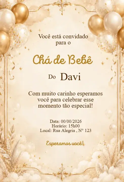 Elegant Baby Shower Invitation with Golden Balloons