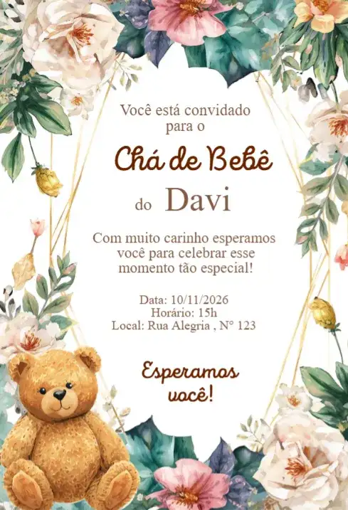 Convite Chá de Bebê Floral Aquarela com Ursinho