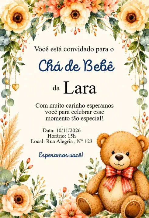 Invitación Convite Chá de Bebê Floral Aquarela com Ursinho Delicado – tema Chá de Fraldas floral, aquarela, delicado, elegante, infantil, vintage