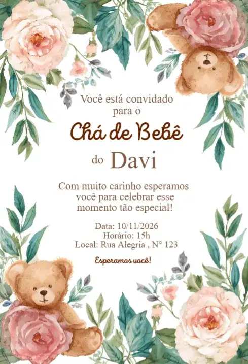 Convite Chá de Bebê Floral Aquarela com Ursinhos e Flores