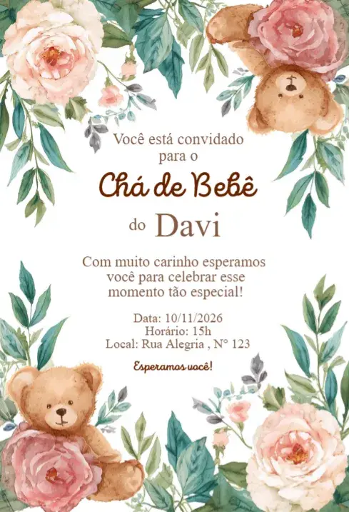 Watercolor Floral Baby Shower Invitation with Bears and Flowers