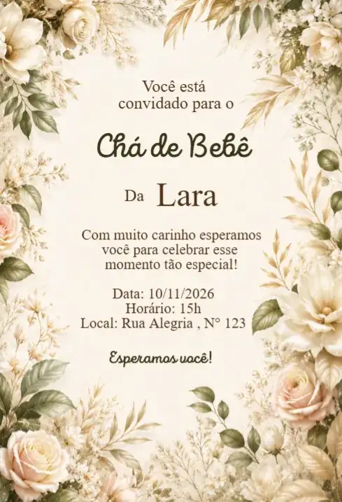 Convite Chá de Bebê Floral Bege Elegante