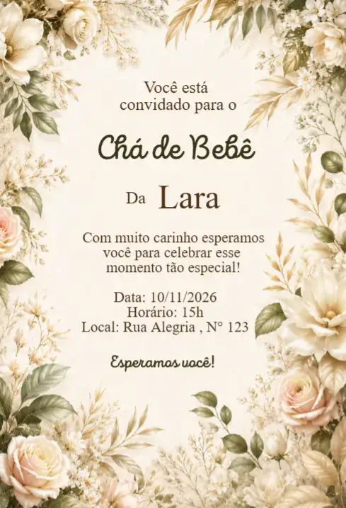 Invitación Convite Chá de Bebê Floral Bege Elegante – tema Chá de Fraldas floral, elegante, romântico, delicado, bege, moderno
