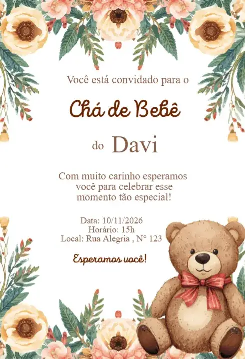 Invitación Convite Chá de Bebê Floral Boho com Ursinho – tema Chá de Fraldas floral, boho, delicado, moderno, elegante, natural