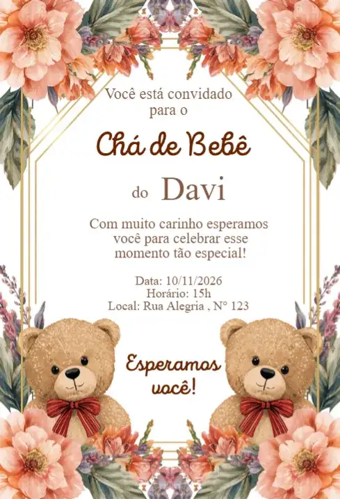 Convite Chá de Bebê Floral Boho com Ursinhos Gêmeos