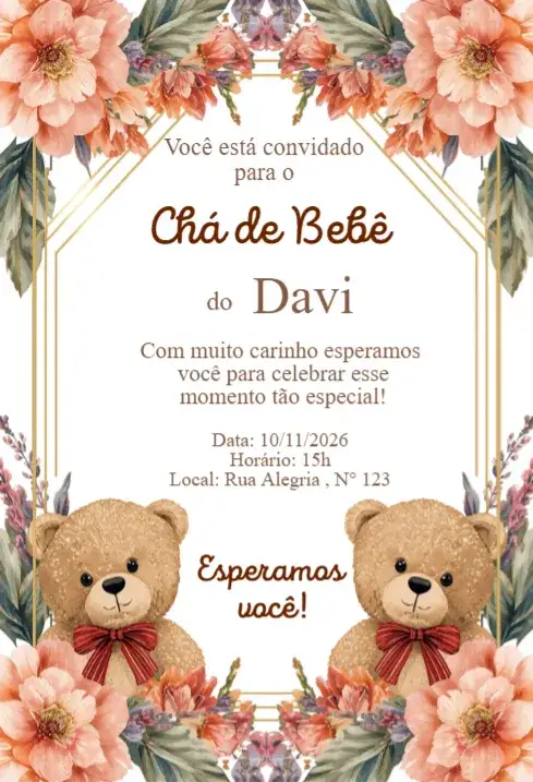 Invitación Convite Chá de Bebê Floral Boho com Ursinhos Gêmeos – tema Chá de Fraldas floral, boho, delicado, rústico, colorido