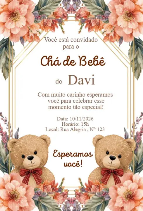 Floral Boho Twin Bears Baby Shower Invitation