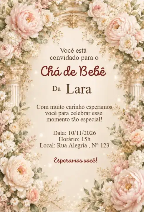 Convite Chá de Bebê Floral Clássico com Arco Elegante