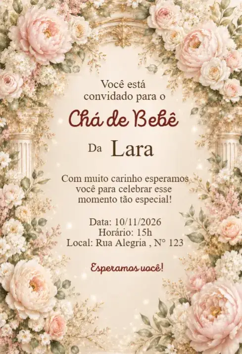 Invitación Convite Chá de Bebê Floral Clássico com Arco Elegante – tema Chá de Fraldas floral, elegante, romântico, clássico, suave, delicado