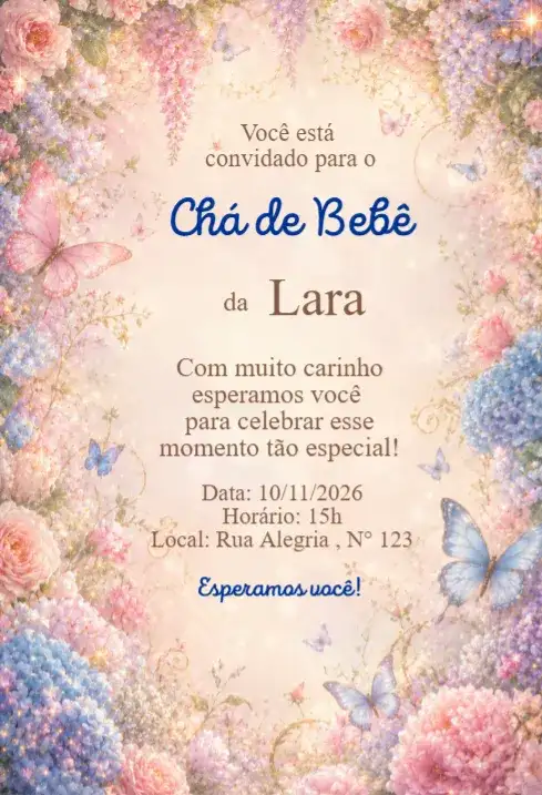 Convite Chá de Bebê Floral com Borboletas Azul e Rosa