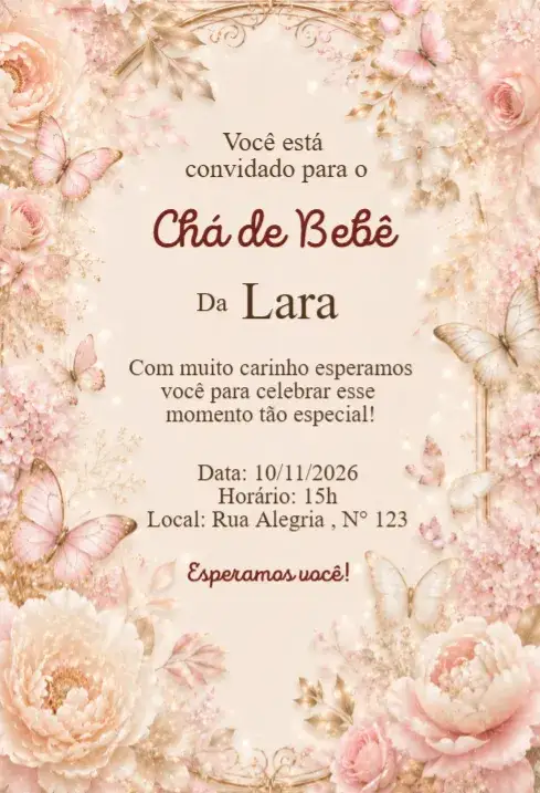 Invitación Convite Chá de Bebê Floral com Borboletas Rosé Elegante – tema Chá de Fraldas floral, elegante, romântico, delicado, rosé, natural