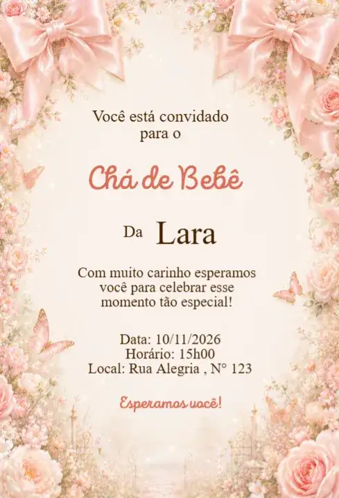 Convite Chá de Bebê Floral com Laços Rosé Elegante