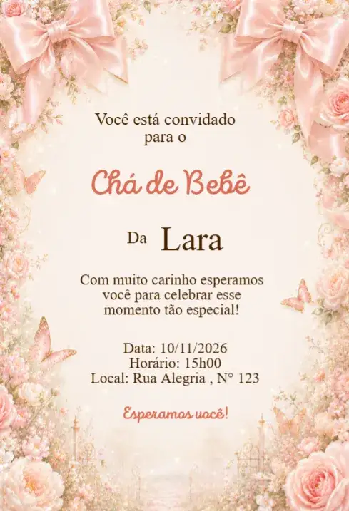 Invitación Convite Chá de Bebê Floral com Laços Rosé Elegante – tema Chá de Fraldas floral, elegante, rosé, delicado, feminino, moderno