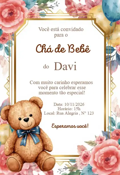 Convite Chá de Bebê Floral com Ursinho e Balões Elegante