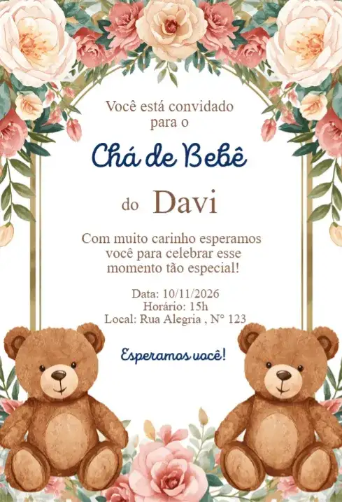 Convite Chá de Bebê Floral com Ursinhos Aquarela Elegante