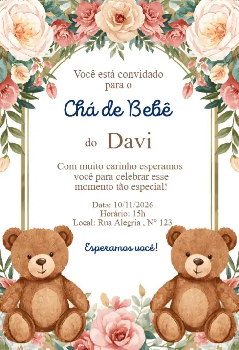 Invitación Convite Chá de Bebê Floral com Ursinhos Aquarela Elegante – tema Chá de Fraldas floral, elegante, aquarela, delicado, vintage, colorido