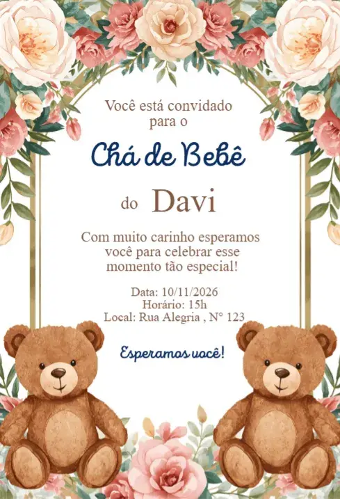 Floral Baby Shower Invitation with Elegant Watercolor Bears
