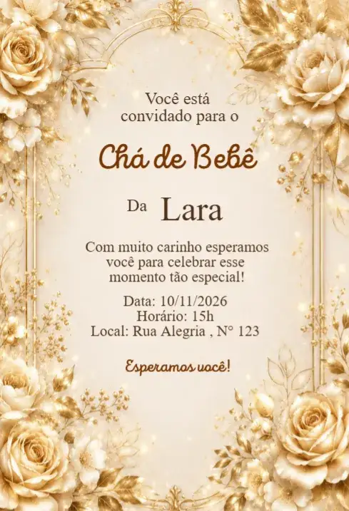 Invitación Convite Chá de Bebê Floral Dourado Luxo Elegante – tema Chá de Fraldas floral, dourado, elegante, luxo, clássico