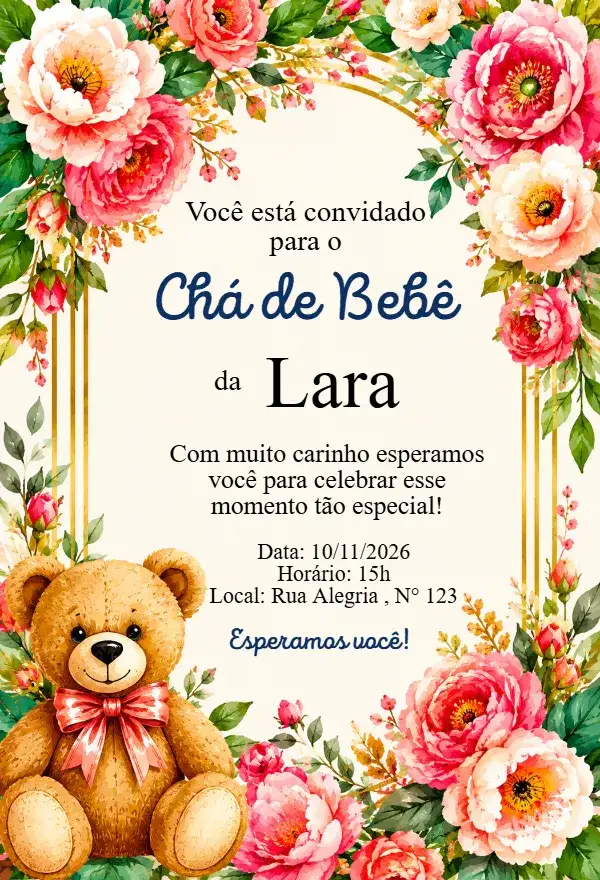 Convite Chá de Bebê Floral Luxo com Ursinho Aquarela