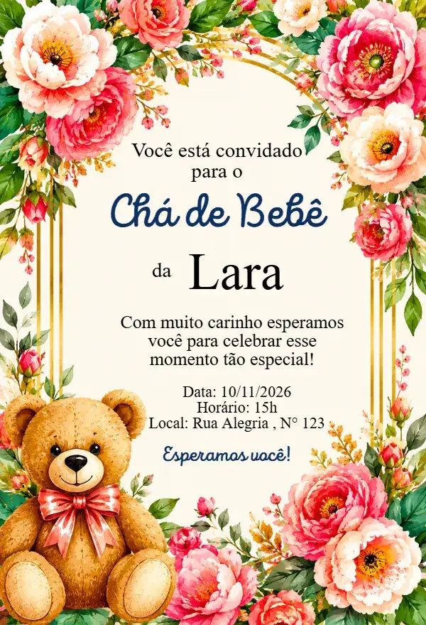 Invitación Convite Chá de Bebê Floral Luxo com Ursinho Aquarela – tema Chá de Fraldas floral, aquarela, delicado, romântico, elegante